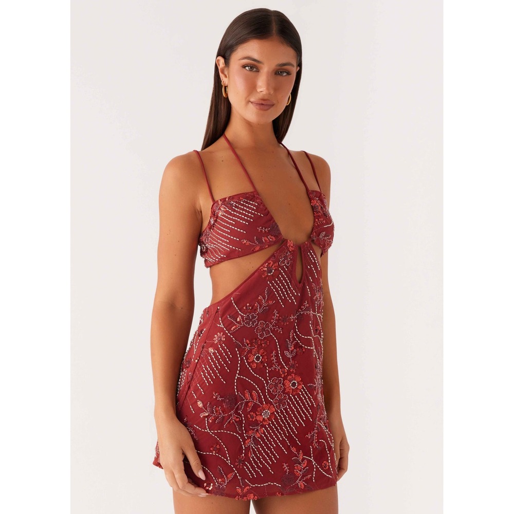 Peppermayo Sahara Nights Beaded Mini Dress Rust Red Size 4 Cutout Sequin NWT
